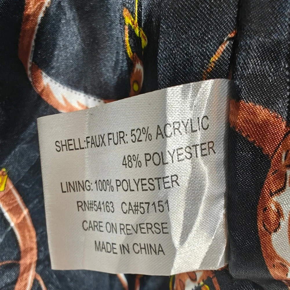 Black Rivet Womens Faux Fur Cropped Jacket Black Size M Equestrian Print Lining